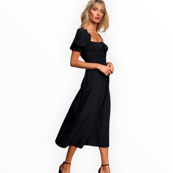 LULUS Nahanni Black Puff Sleeve Smocked Midi Dress - Size M - Picture 3 of 16